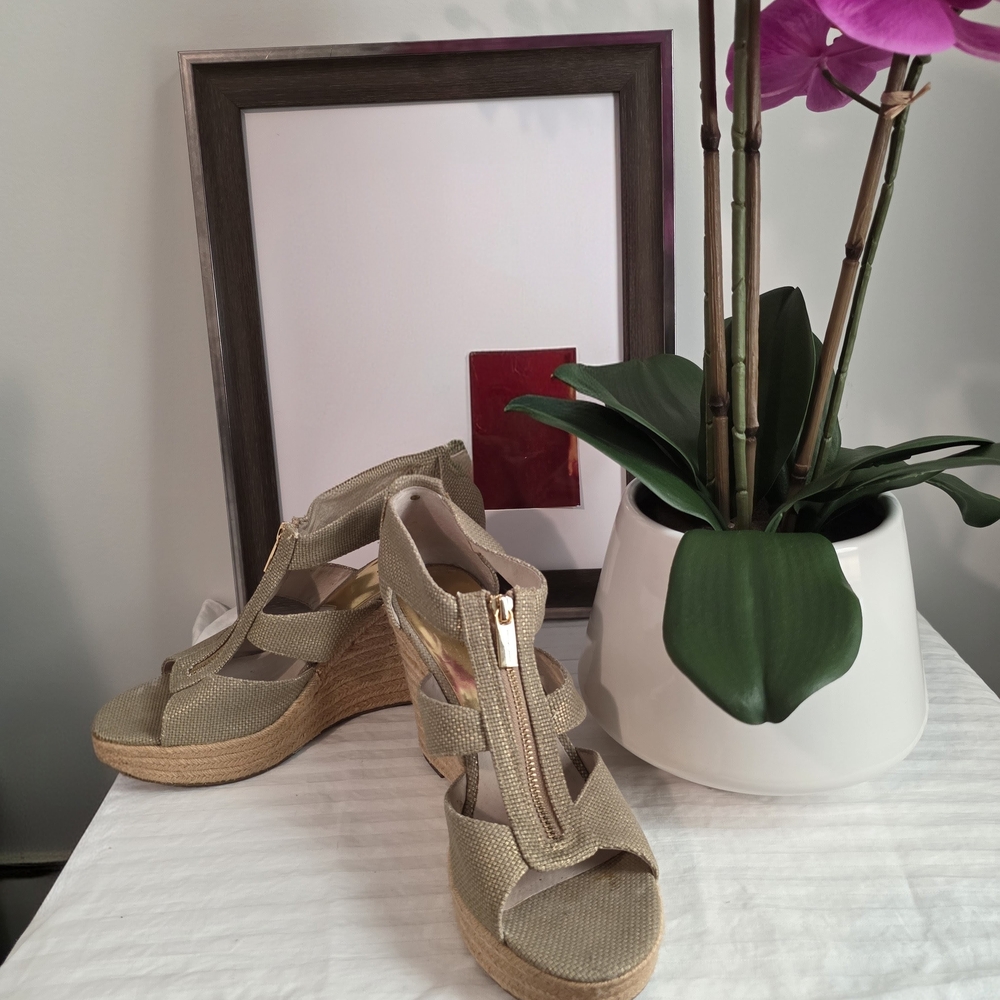 Michael Kors Gold and Tan Wedge Sandals